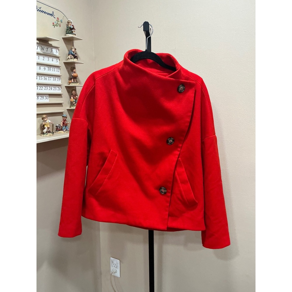 Anthropologie Jacket Sascha Asymmetrical M Red Funnel Neck Button Front Pockets